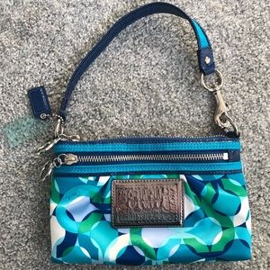 Small Coach purse, blue and green pattern